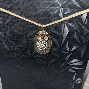 Retro Owl Locket Necklace Victorian Inspired Bronze Rhinestone Rose Eyes EUC